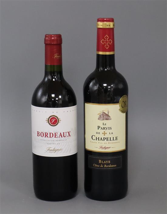 Three bottles of Le Parvis De La Chapelle and five bottles of Bordeaux Fontagnac